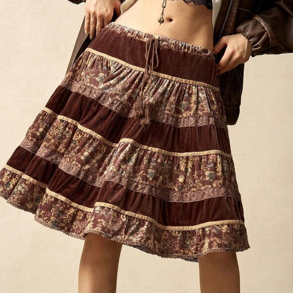 Brown Women's Casual Patchwork Floral & Skirt - Picture 3 of 8